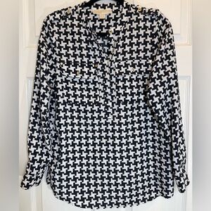 Michael Kors Black & White Geometric Long‎ Sleeve Blouse Women’s Size Small